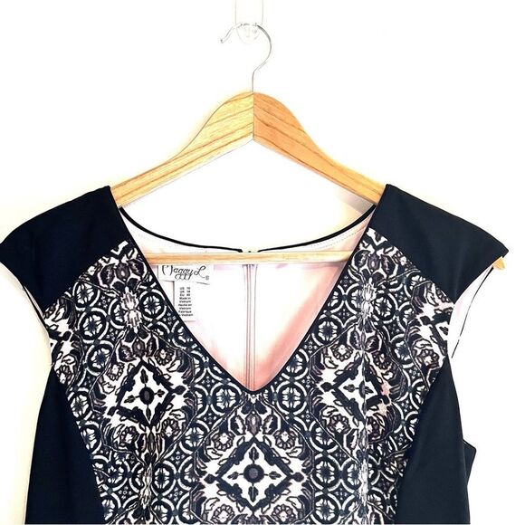 Maggy London Slimming Contrast Bodycon Geo Print Black & Pink Dress Size 10 - Picture 3 of 5